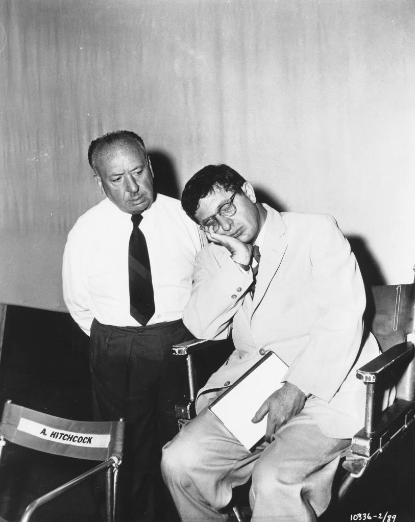 VERTIGO, from left: director Alfred Hitchcock, composer Bernard Herrmann, on set, 1958