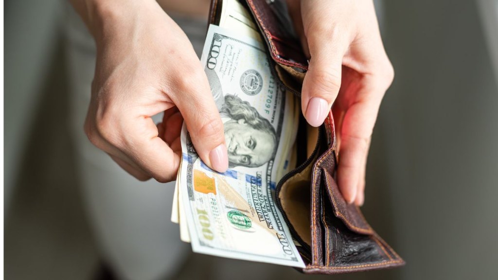 Woman Inserts Cash Into Wallet