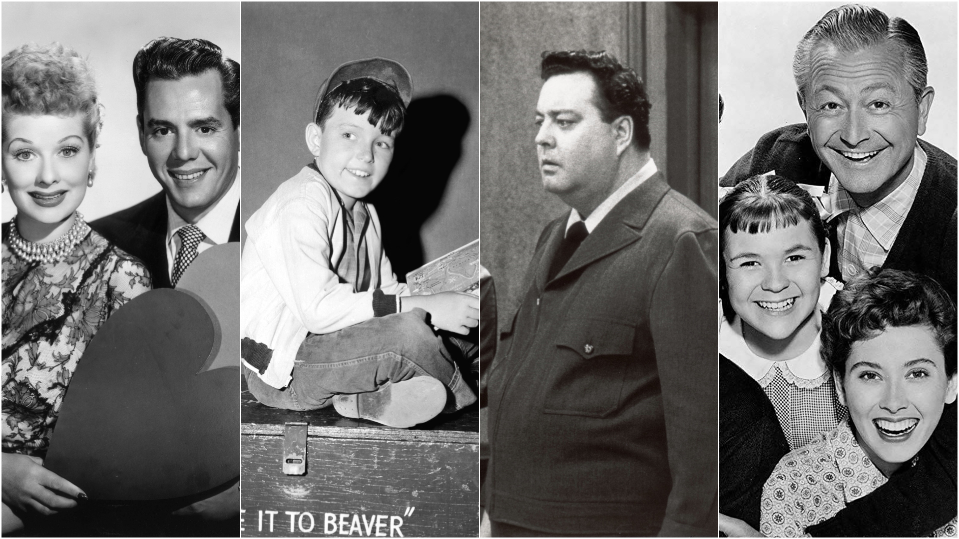Lucille Ball and Desi Arnas in I Love Lucy, Jerry Mathers in Leave It to Beaver, Jackie Gleason in The Honeymooners, and Lauren Chapin, Robert Young and Elinor Donahue in Father Knows Best.