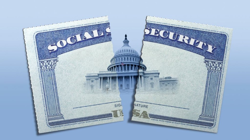 A Social Security card cut in half with the United States Capitol building on it