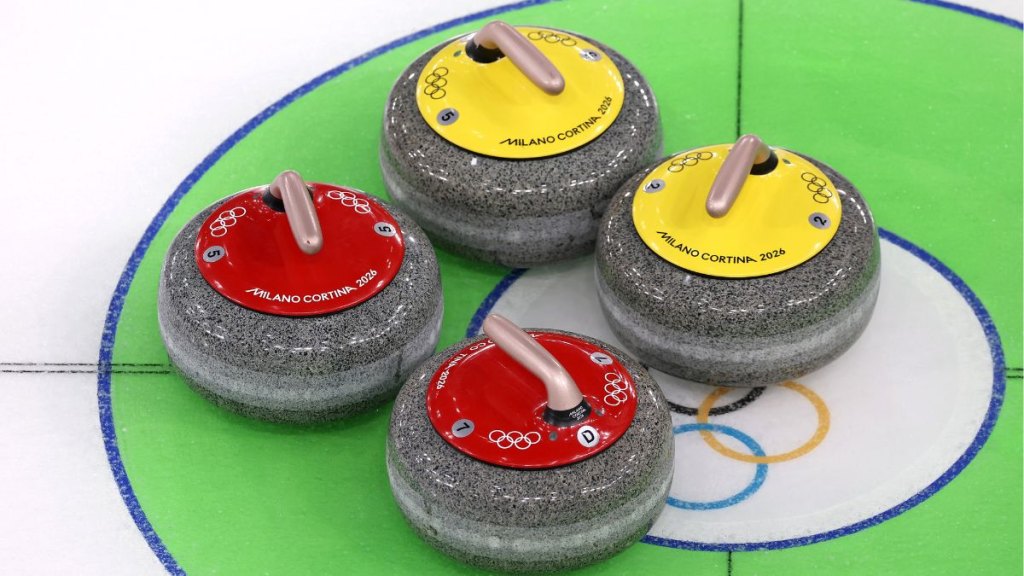 A close up of a stone displayed during the Curling Mixed Doubles Semi Final match