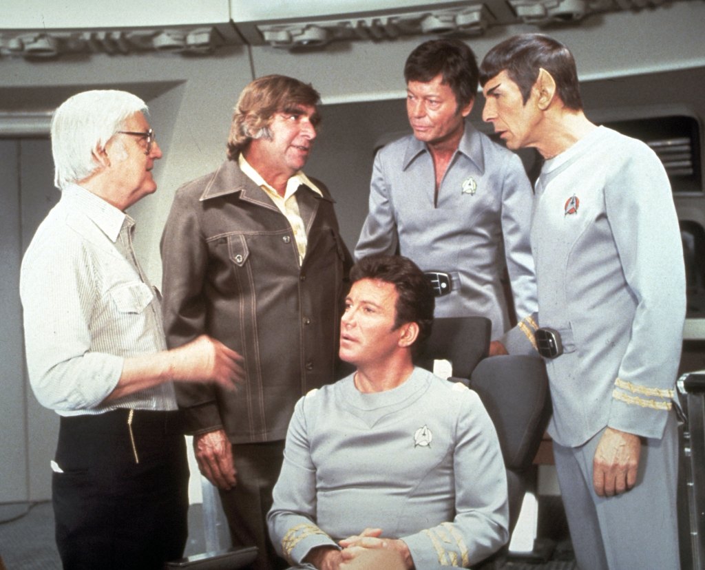 L-R: Director Robert Wise, Gene Roddenberry, William Shatner, DeForest Kelley and Leonard Nimoy