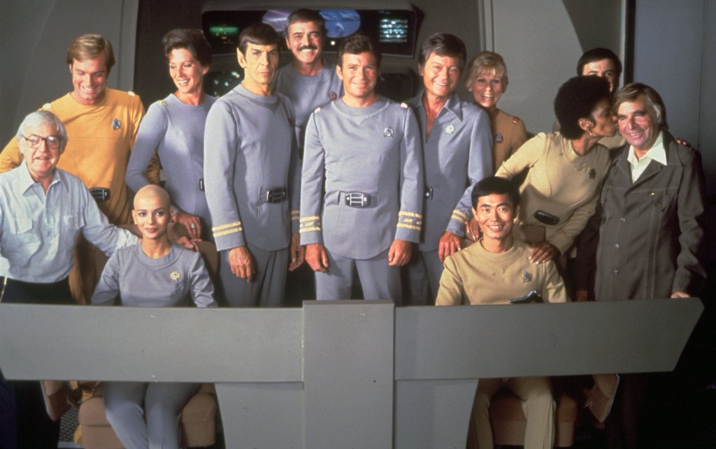 The cast with director Robert Wise and producer Gene Roddenberry. You'll note that 'Lt. Uhura' is giving her creator a kiss on the cheek!