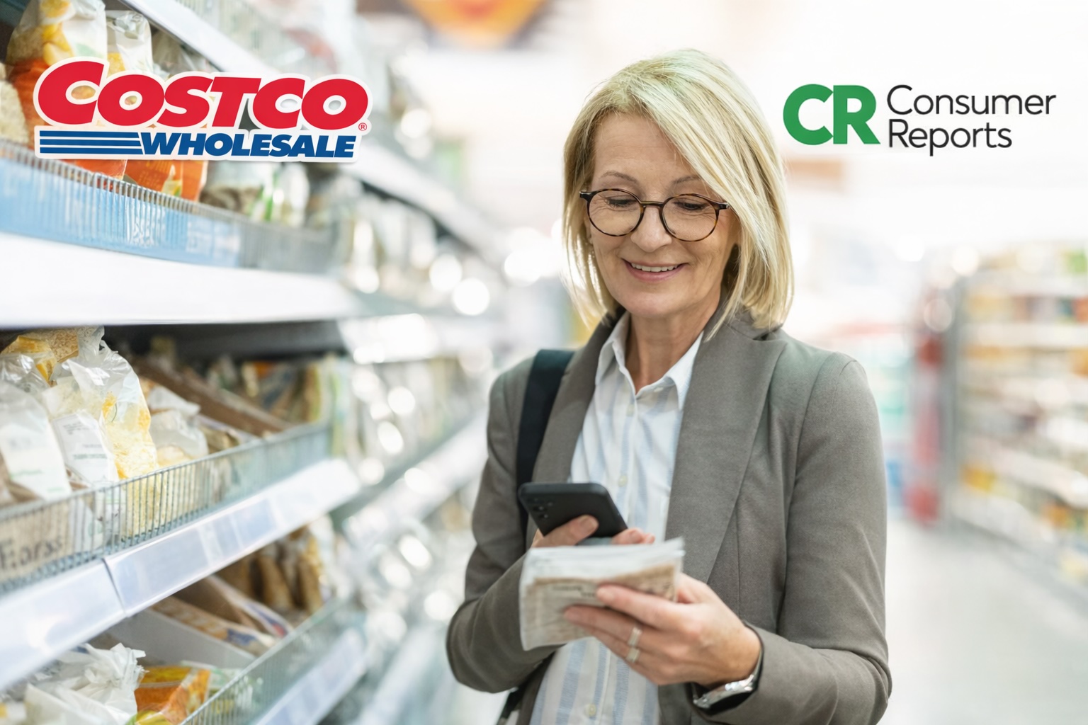 woman in super market with costco and consumer reports logos