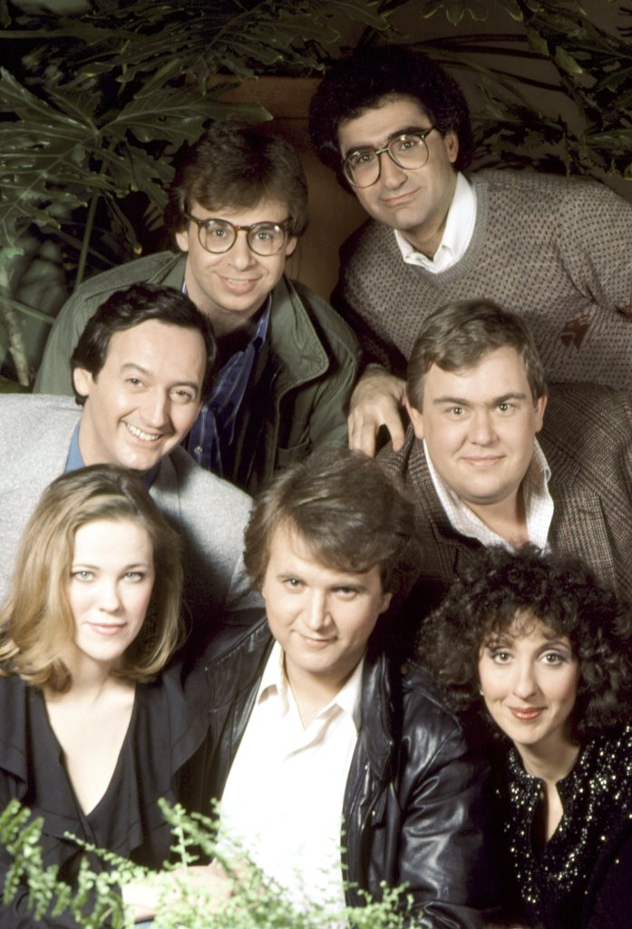 The cast of SCTV (clockwise from top left: Rick Moranis, Eugene Levy, John Candy, Andrea Martin, Dave Thomas, Catherine O'Hara and Joe Flaherty)