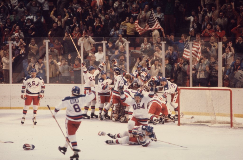 Team USA men's hockey team beat the Soviet Union at the Winter Olympics, 1980