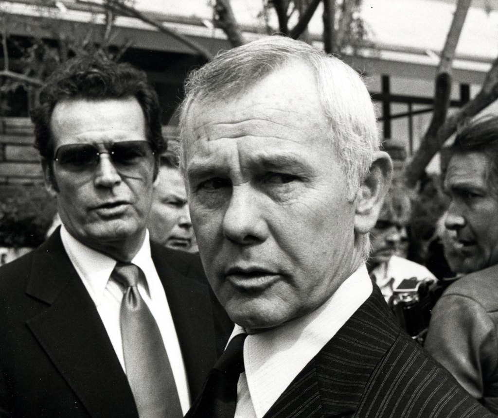 James Garner And Johnny Carson during David Janssen's Funeral Service - February 17, 1980 at Hillside Memorial Park in Los Angeles, California