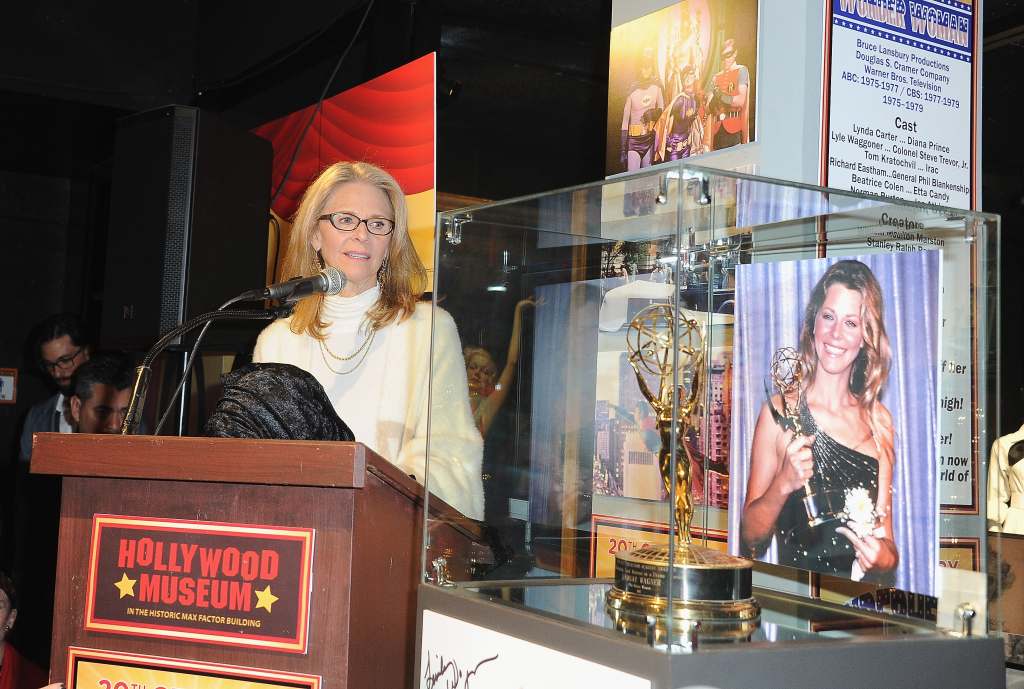 Lindsay Wagner unveils her EMMY for the 'Bionic Woman' to the 20th Century Superhero Legends Exhibit "Dedicated To Fighting Evil" Opening Night Ceremony held at The Hollywood Museum on November 13, 2018 in Hollywood, California.