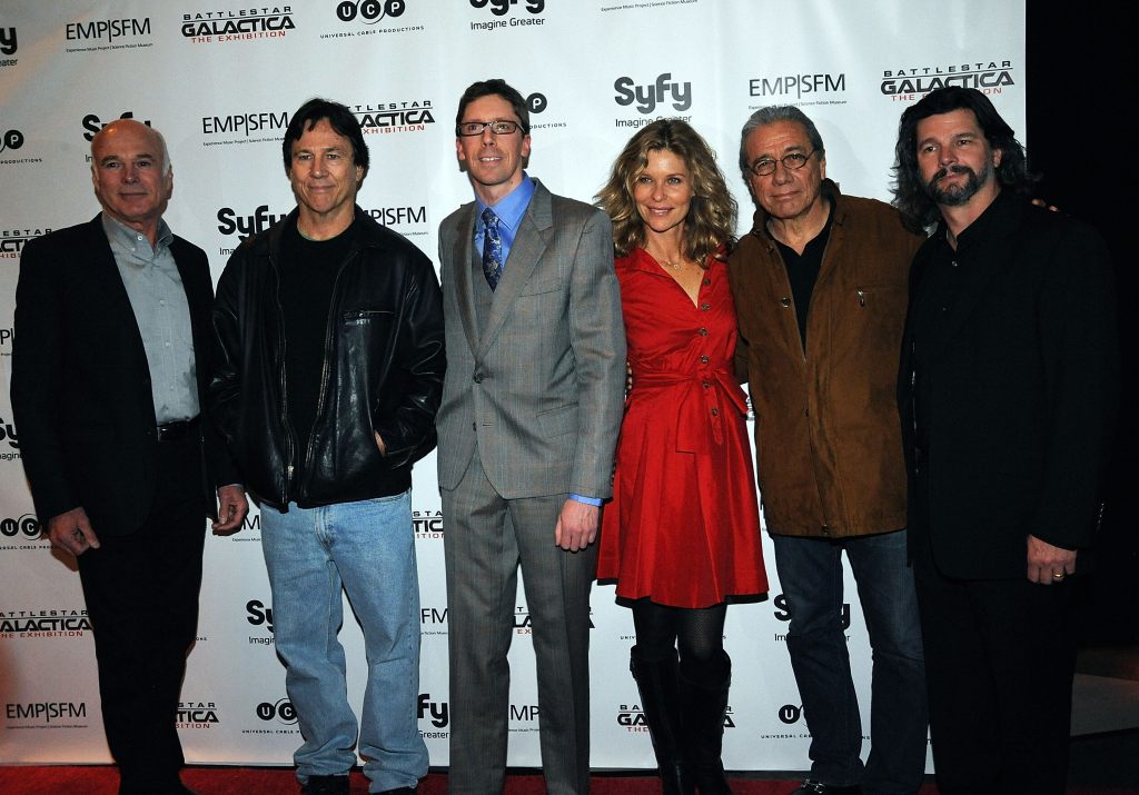 Michael Hogan, Richard Hatch, Brooks Peck, Kate Vernon, Edward James Olmos and Ronald D. Moore at Experience Music Project on October 22, 2010 in Seattle, Washington. 