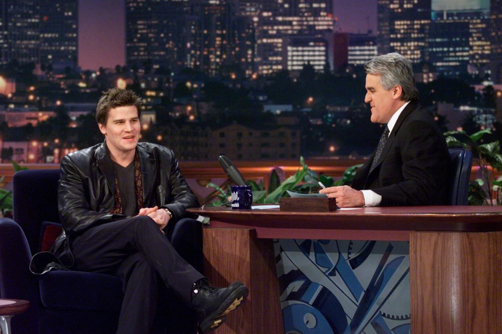 (l-r) Actor David Boreanaz during an interview with host Jay Leno on February 28, 2000