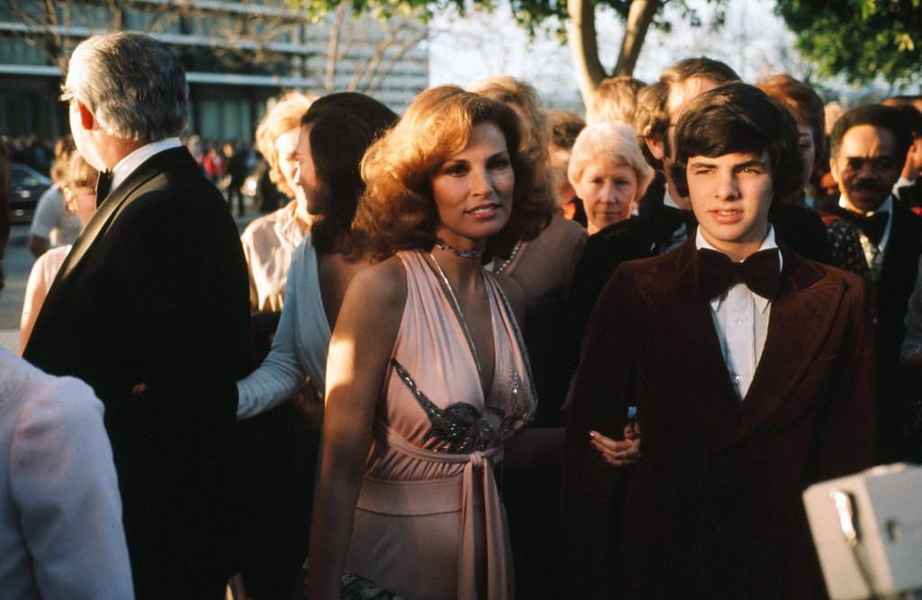 Raquel Welch and son Damon Welch arrives to the 46th Academy Awards at Dorothy Chandler Pavilion in Los Angeles,California, 1974