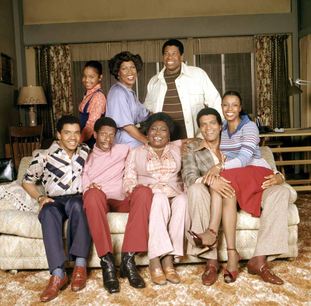The cast of Good Times (back row, left to right): Janet Jackson, Ja'Net DuBois and Johnny Brown (front row, left to right): Ralph Carter, Jimmie Walker, Esther Rolle, Ben Powers and Bern Nadette Stanis in 1978