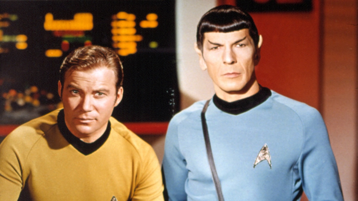 William Shatner as Kirk and Leonard Nimoy as Spock in Star Trek