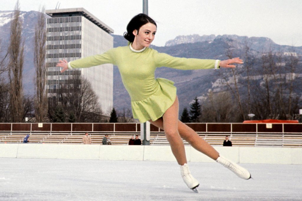 Peggy Fleming practices her skate at the 1968 Winter Olympics