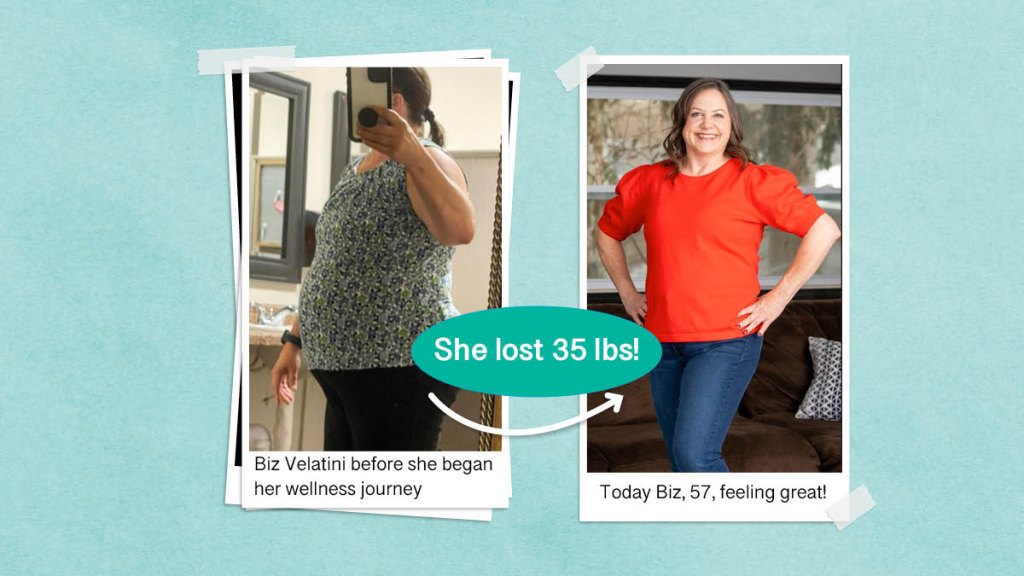 Biz Velatini before and after losing 35 pounds