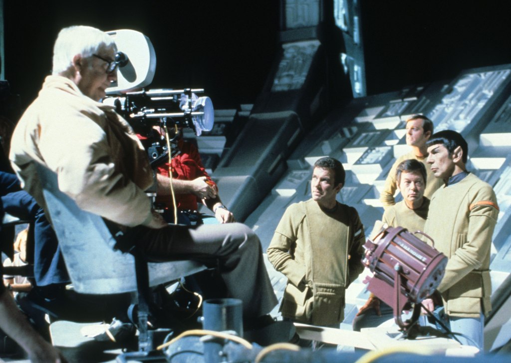 Director Robert Wise, William Shatner, Stephen Collins, DeForest Kelley and Leonard Nimoy on the V'ger set.