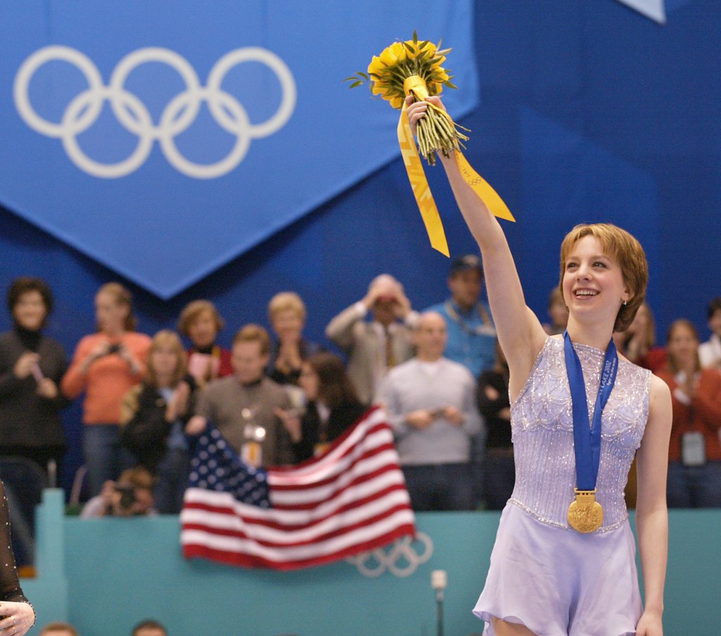 Sarah Hughes with her gold medal at the 2002 Winter Olympics