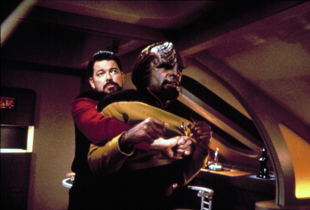 STAR TREK: THE NEXT GENERATION, 1987-94, Jonathan Frakes, Michael Dorn, in Yr.7-Ep#254: "Liaisons," 9/27/93. 