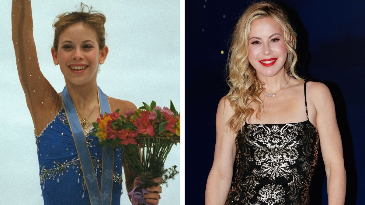 Left: Tara Lipinski at the 1998 Winter Olympics; Right: Tara Lipinski in 2025