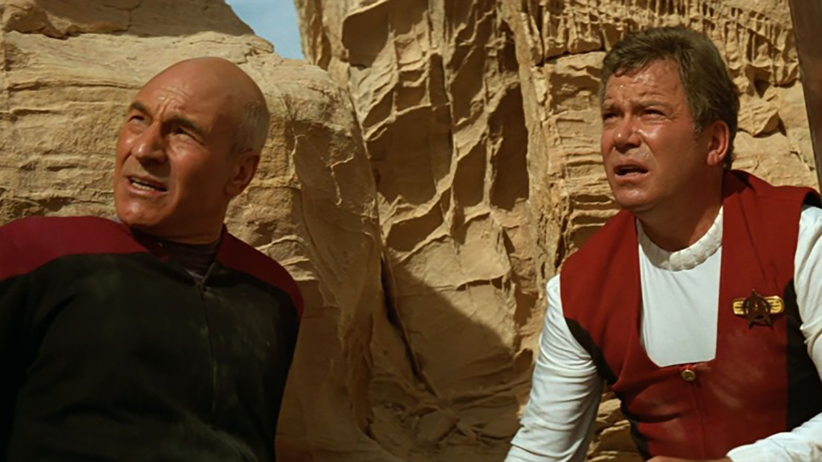 Patrick Stewart and William Shatner during the climactic scenes of 'Star Trek: Generations' (1994)