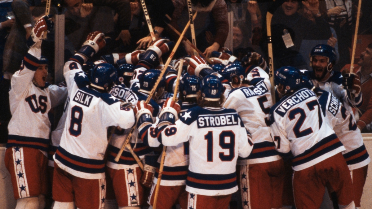 Team USA men's hockey team celebrating their victory against the Soviet Union, 1980