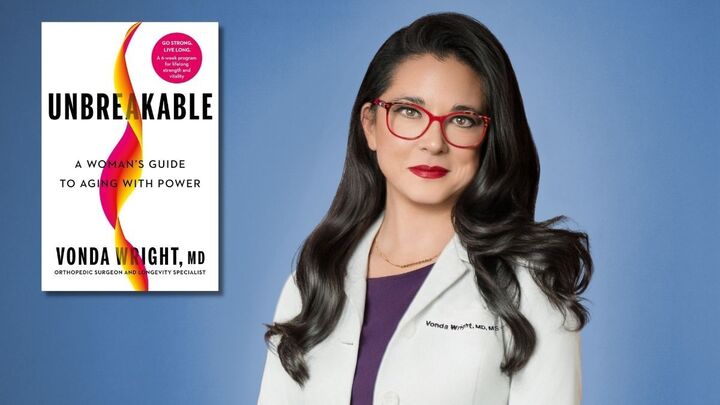 Vonda Wright, MD, pictured with her book Unbreakable, which focuses on muscle mass and longevity