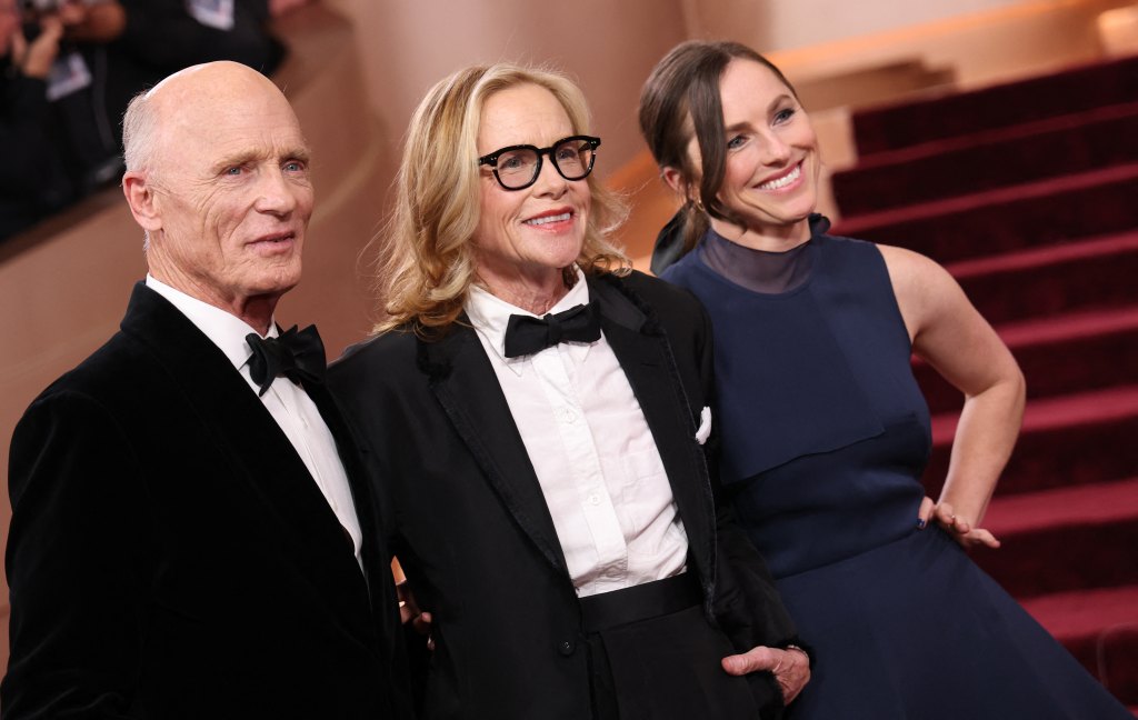 Ed Harris and Amy Madigan with their daughter, Lily, at the 2026 Golden Globes