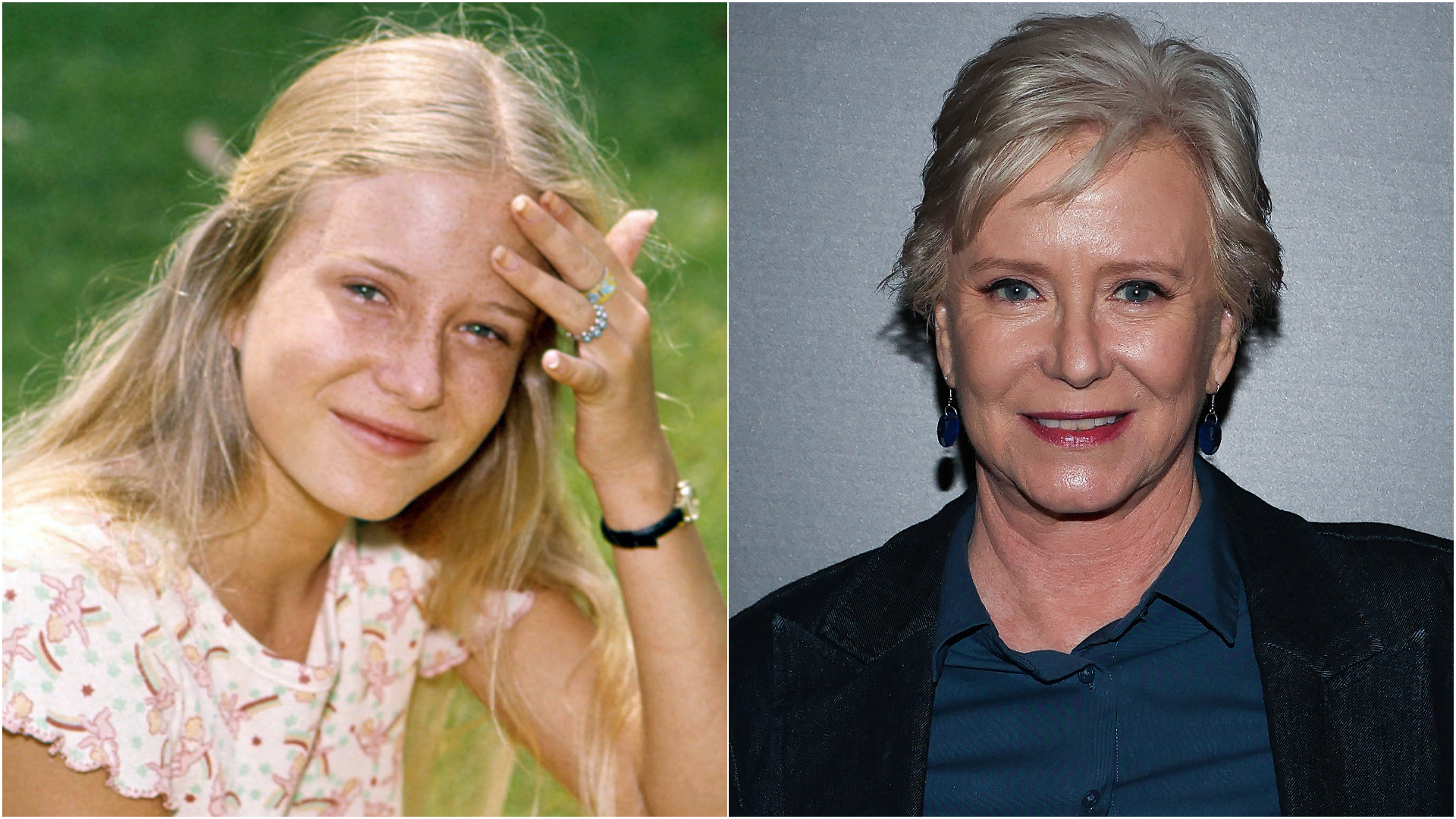 Eve Plumb during 'The Brady Bunch' years and in 2025