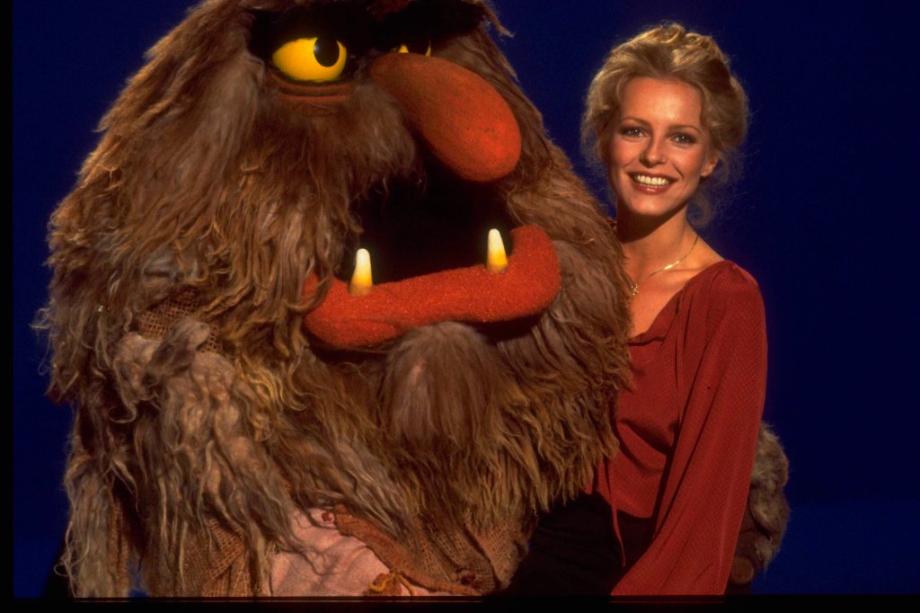 Charlie's Angels actress Cheryl Ladd with puppet character Sweetums on the set of The Muppet Show at Elstree Studios, Hertfordshire, circa 1978. 