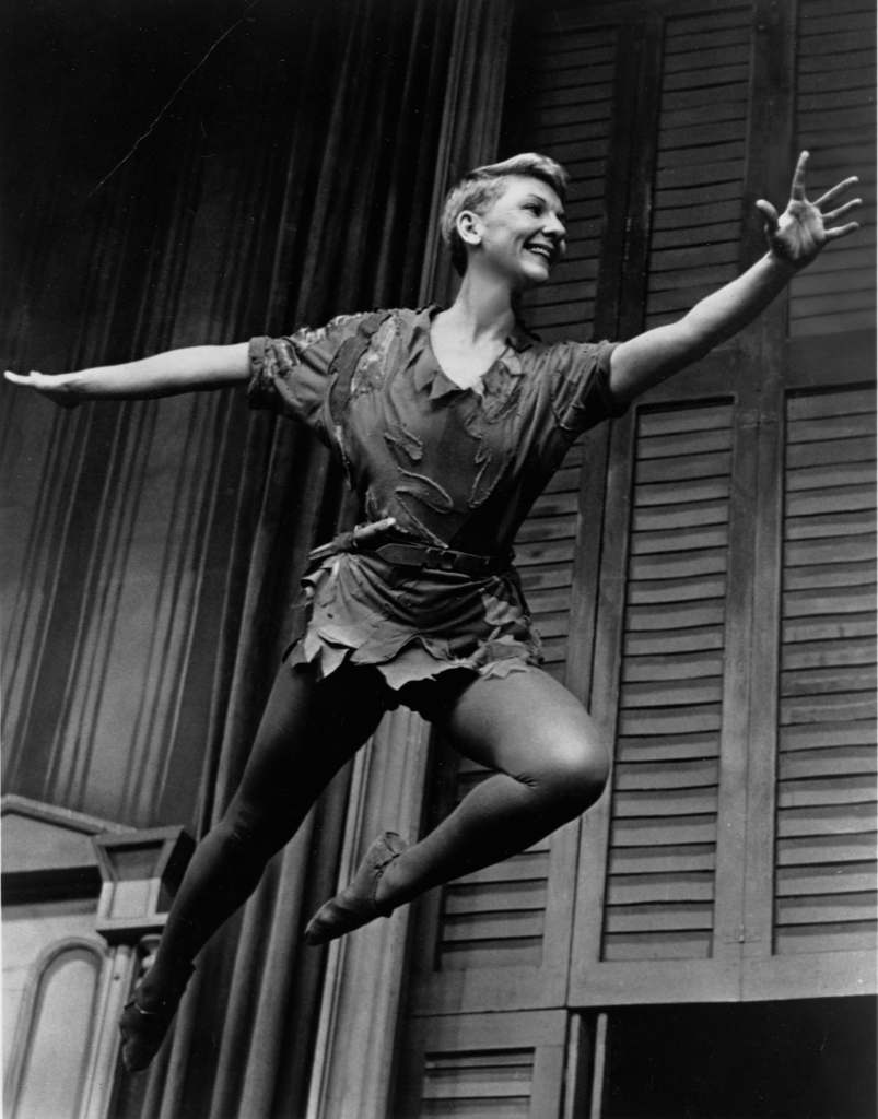 Actress Mary Martin flys through the air as Peter Pan on the television program Producer's Showcase.