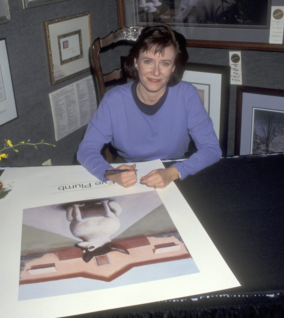 Actress Eve Plumb autographs copies of her Limited Edition Art Prints on February 16, 1995 at Rockaway Townsquare Mall in Rockaway, New Jersey.