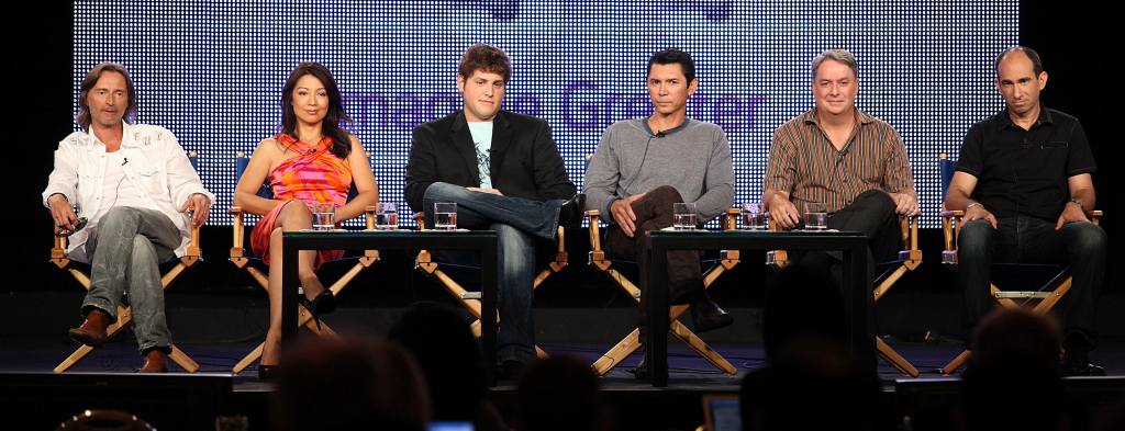 (L-R) Actor Robert Carlyle, actress Ming-Na, actors David Blue and Lou Diamond Phillips, creators Brad Wright and Robert Cooper of the television show "Stargate Universe" speak during the NBC Universal Network portion of the 2009 Summer Television Critics Association Press Tour.