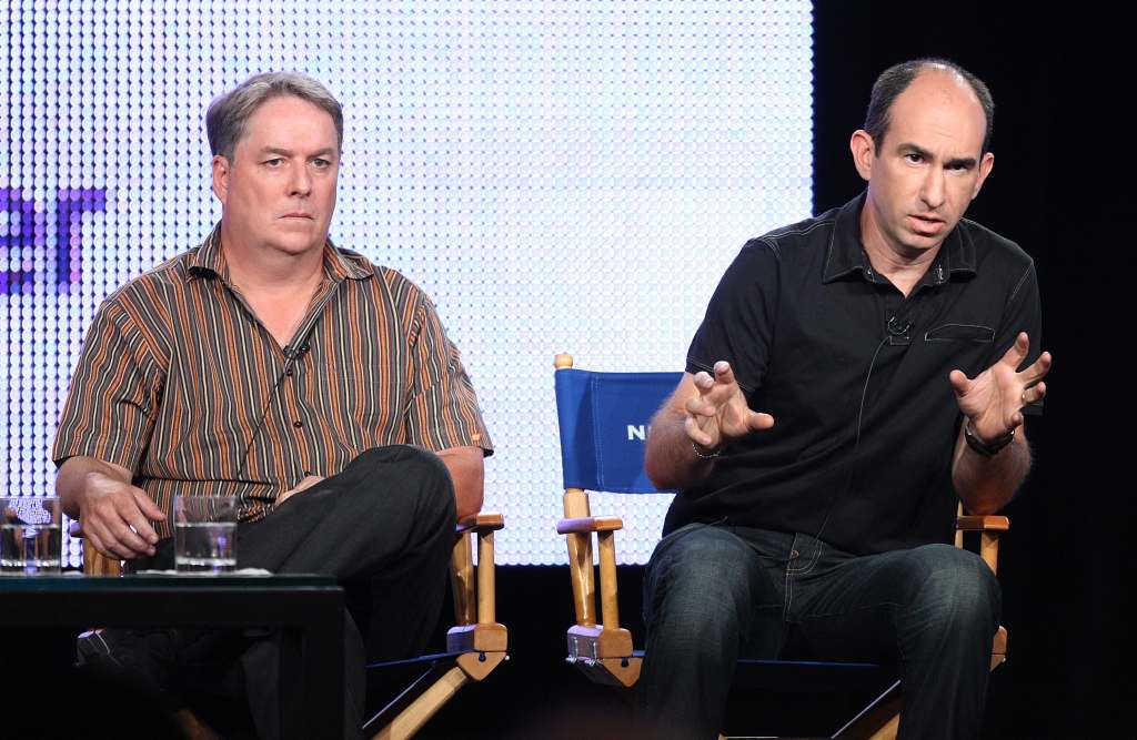 Creators Brad Wright (L) and Robert Cooper of the television show "Stargate Universe" speak during the NBC Universal Network portion of the 2009 Summer Television Critics Association Press Tour at The Langham Huntington Hotel & Spa on August 5, 2009 