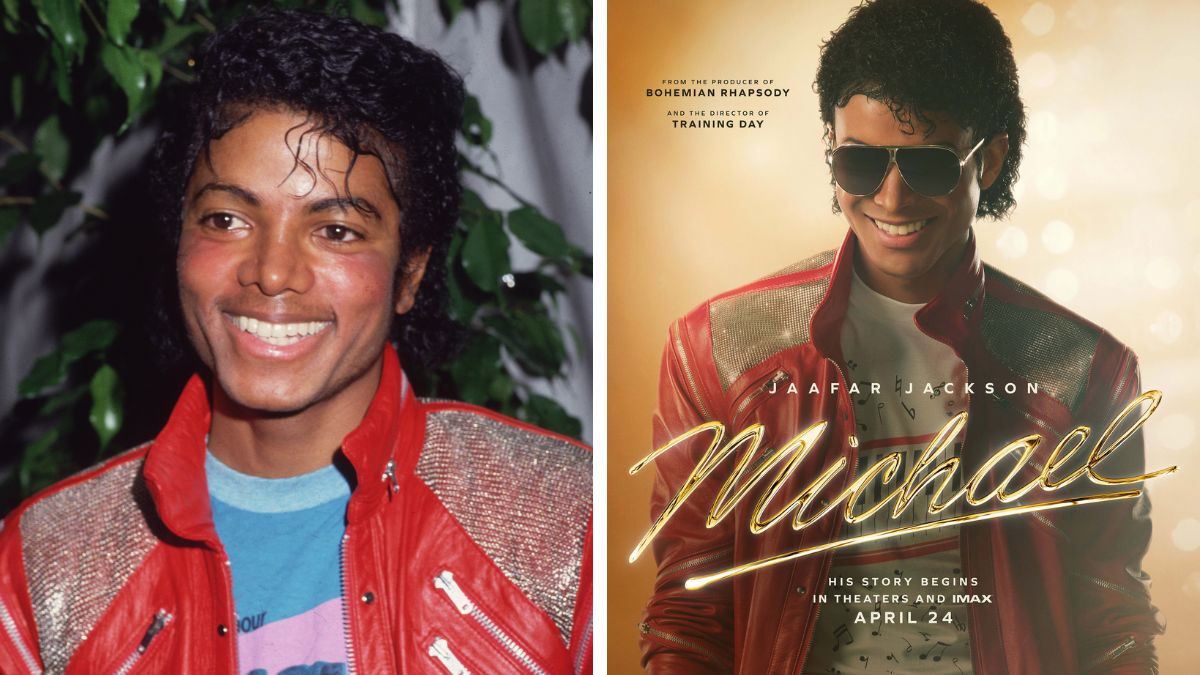 Left: Michael Jackson in 1983; Right: Jaafar Jackson in the poster for 'Michael'