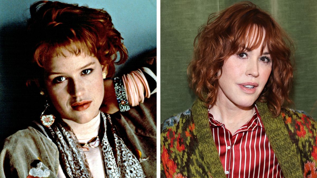 Left: Molly Ringwald in 'Pretty in Pink' (1986); Right: Molly Ringwald in 2025