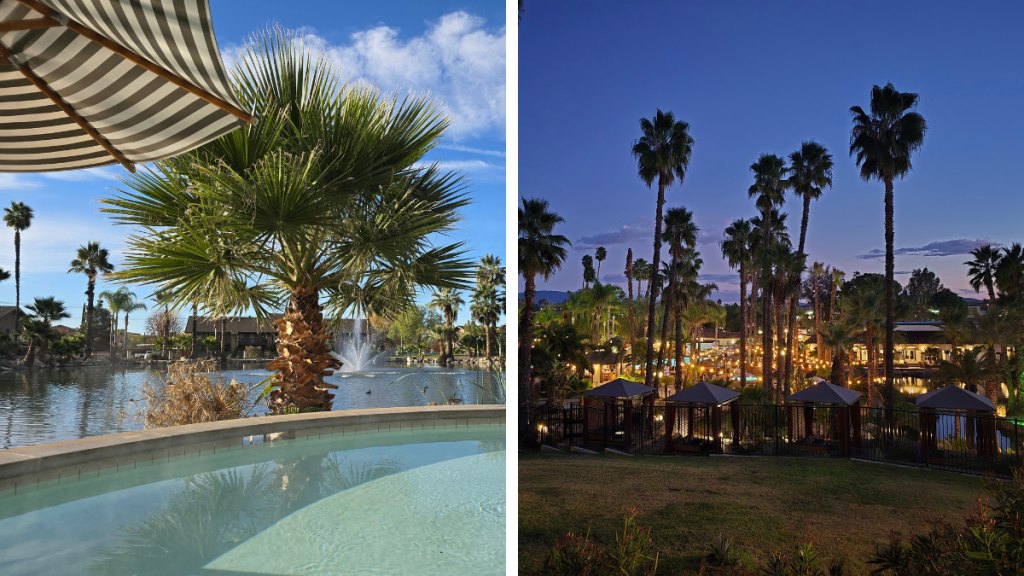 Geothermal hot spring (left); Murrieta Hot Springs Resort at night (right)