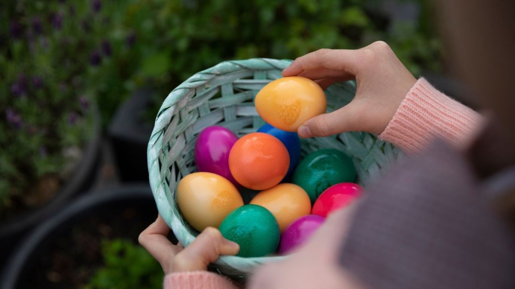 Over the shoulder view of a child holding an Easter basket made of woven cardboard and filled with multicoloured dyed hens eggs in a back yard
