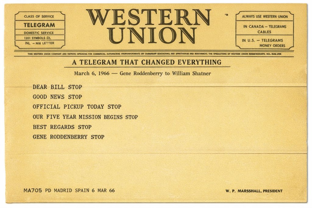 Recreated telegram from Gene Roddenberry to William Shatner regarding 'Star Trek'