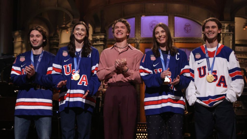 Quinn Hughes, Megan Keller, Connor Storrie, Hilary Knight and Jack Hughes on 'Saturday Night Live'