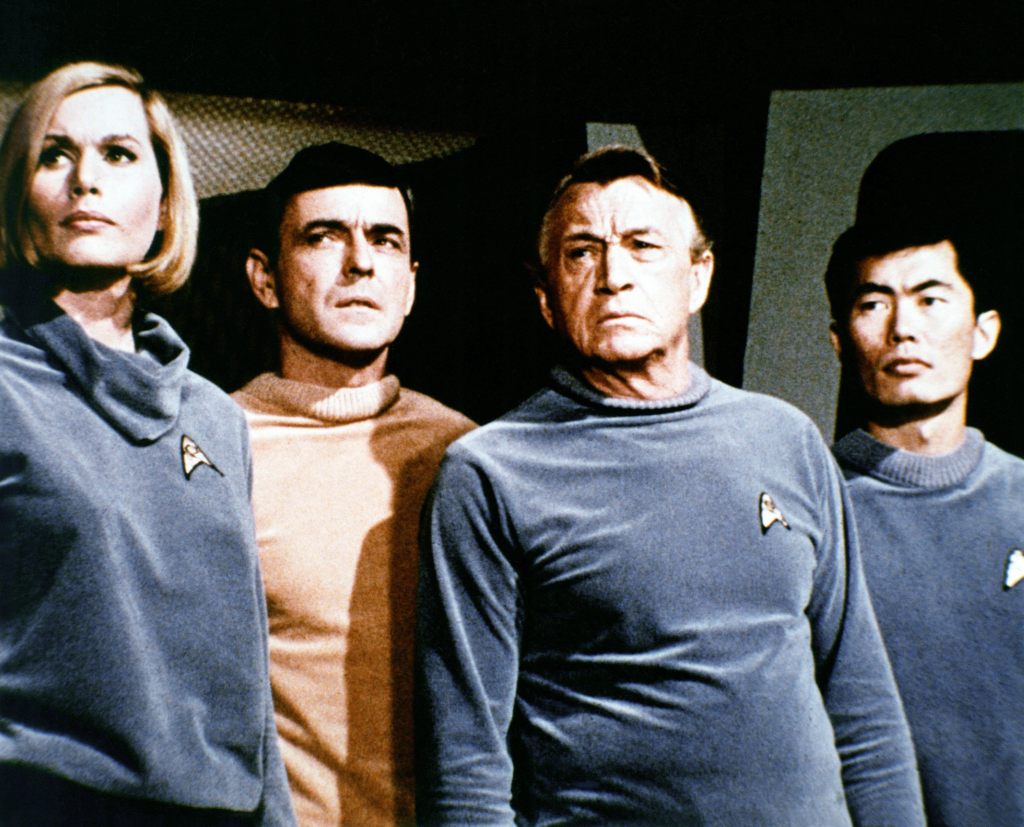 STAR TREK, Sally Kellerman (left), Paul Fix (2nd from right), George Takei (right), 'Where No Man Has Gone Before', (Season 1, ep. 103, aired Sept. 22, 1966), 1966-69.