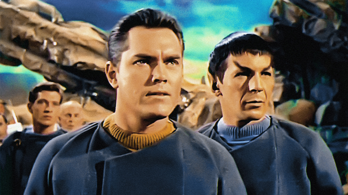 STAR TREK, (from left): Jeffrey Hunter, Leonard Nimoy, 'The Cage' (original pilot screened to NBC executives in Feb. 1965), (aired Nov. 27, 1988), 1966-69.