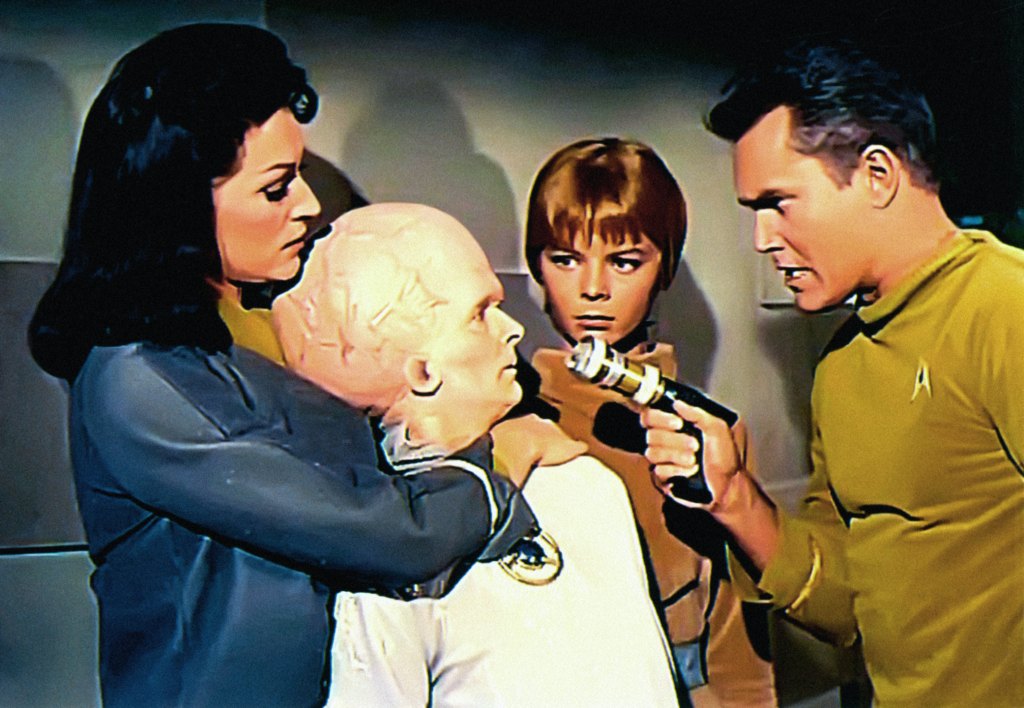 STAR TREK, Majel Barrett (left), Laurel Goodwin (2nd from right), Jeffrey Hunter (right), 'The Cage' (original pilot screened to NBC executives in Feb. 1965), (aired Nov. 27, 1988), 1966-69.