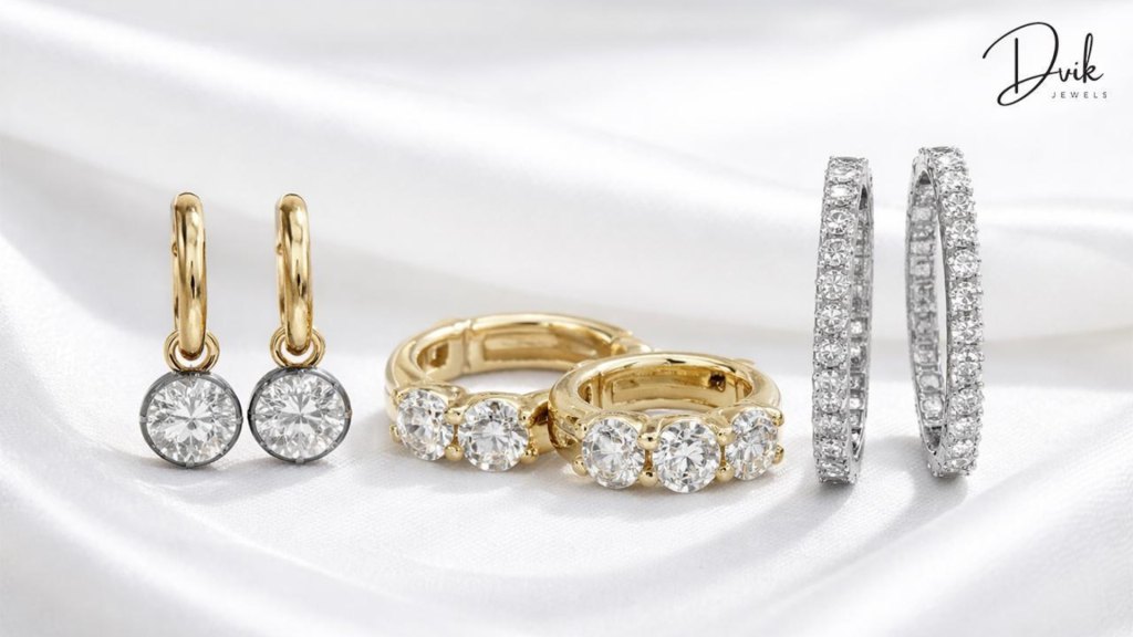 round cut diamonds dangle, huggie/hoop, and eternity hoop earrings from Dvik Jewels