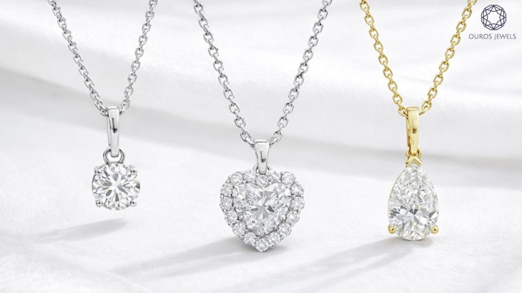 round and pear-shaped solitaire, and heart-shaped halo pendant necklaces from ouros jewels
