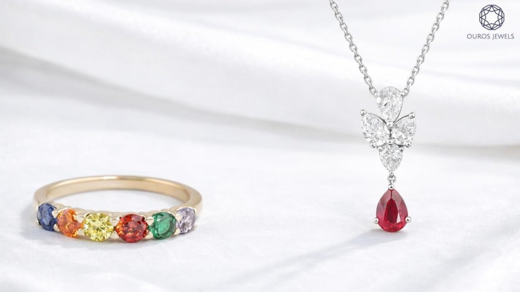 red pear diamond necklace and rainbow eternity ring for women from Ouros Jewels