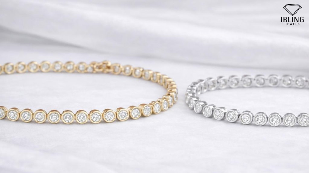 round diamonds bezel set tennis bracelets in yellow and white gold from ibling jewels