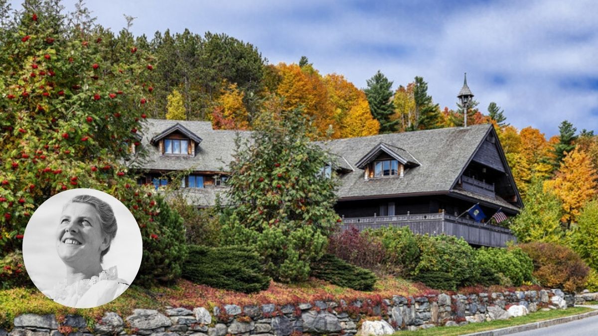 The real Maria von Trapp in 1950 and von Trapp Lodge, as seen in 2019