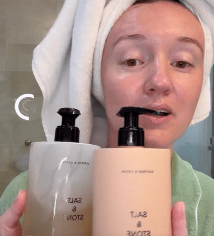 Alex Drummond showing off her skincare