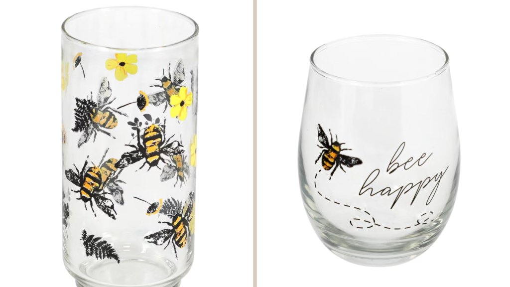 Bee-themed cooler glasses and wine glasses