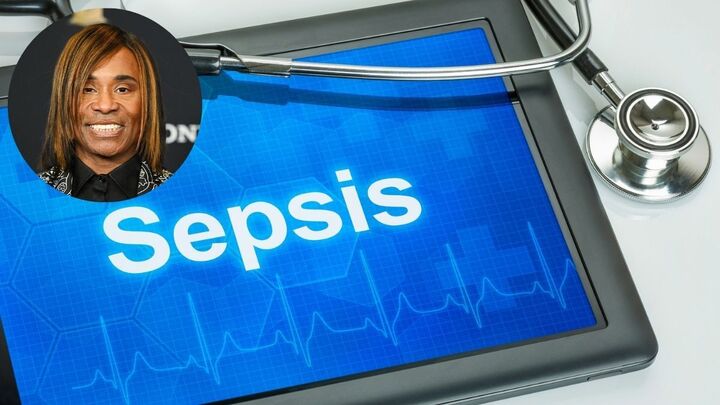 Inset image of Billy Porter over an image of a tablet with the word "SEPSIS" on it and a stethoscope